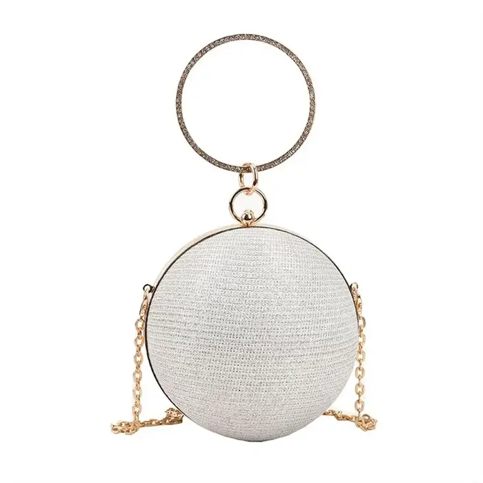 Sac de soirée circulaire en soie brillante dorée pour femmes, pochette de Banquet, décor en strass,