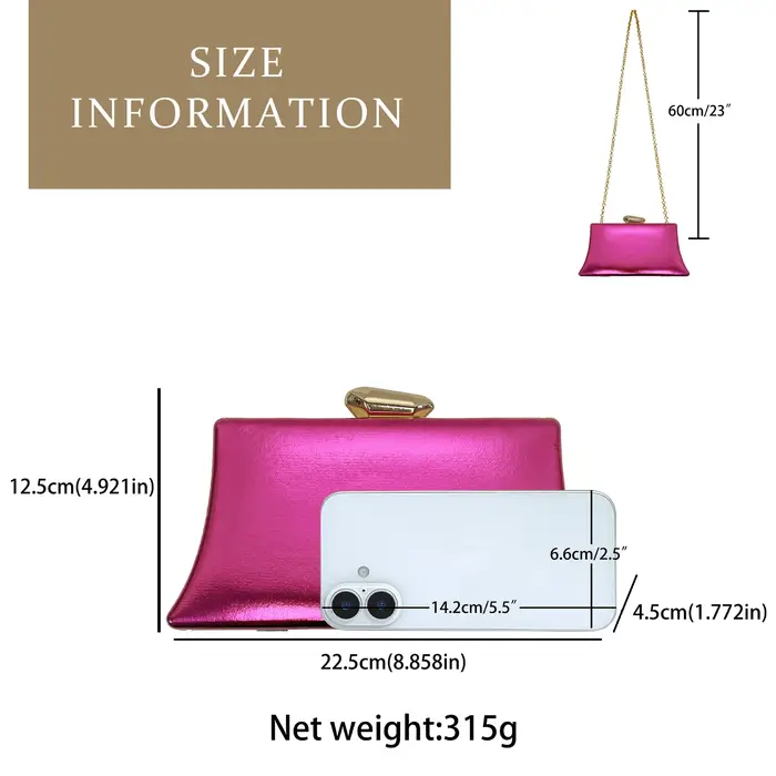Pochette de soirée trapézoïdale fuchsia métallique brillante avec fermoir doré