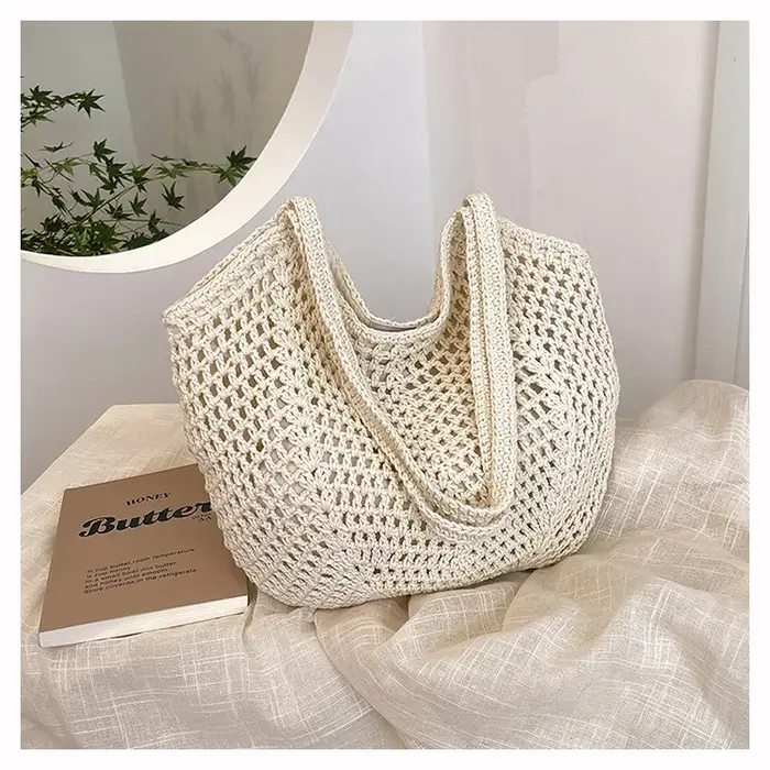Sac à bandoulière tendance pour femmes, sacs de plage d'été, fourre-tout tissé en paille creuse, sac