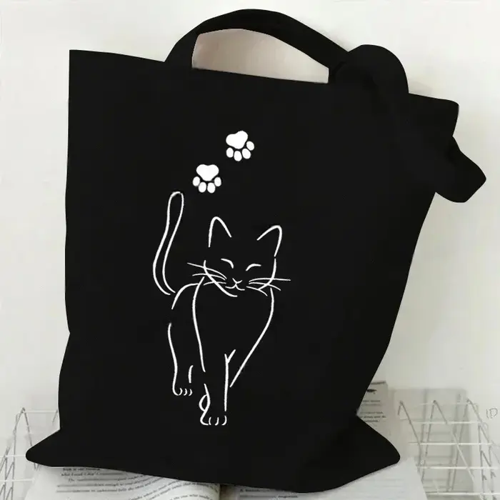 Sac fourre-tout en toile imprimé chat noir et blanc