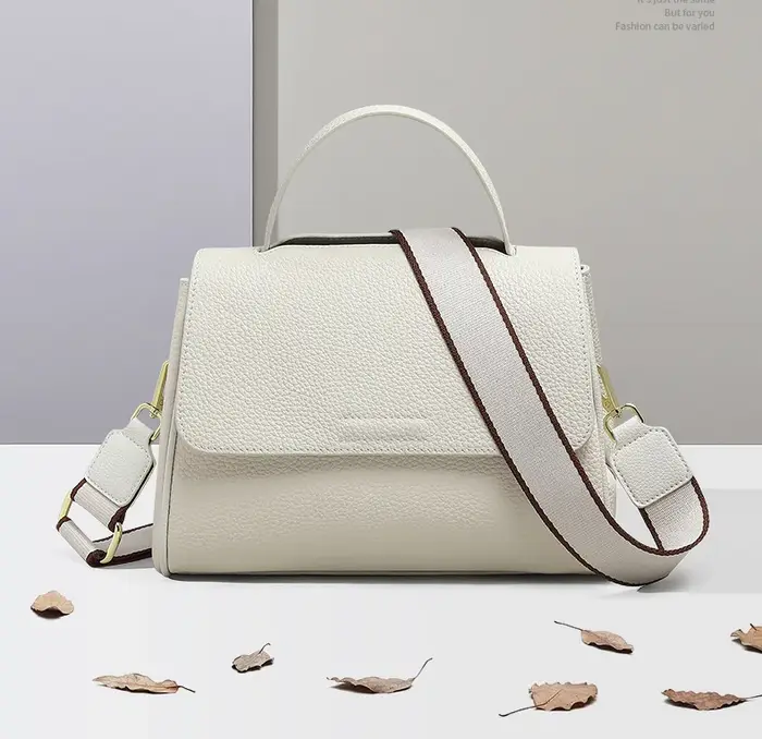 Sac messager beige blanc à 2 sangles pour femme, 100% cuir de vache, poignée supérieure, sac à main