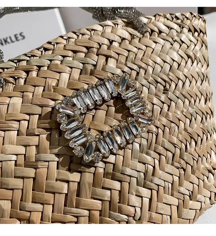 Sac à Main en Paille Tissée à la Main avec Strass Brillants pour Femme, Pochette de Plage et de Vaca