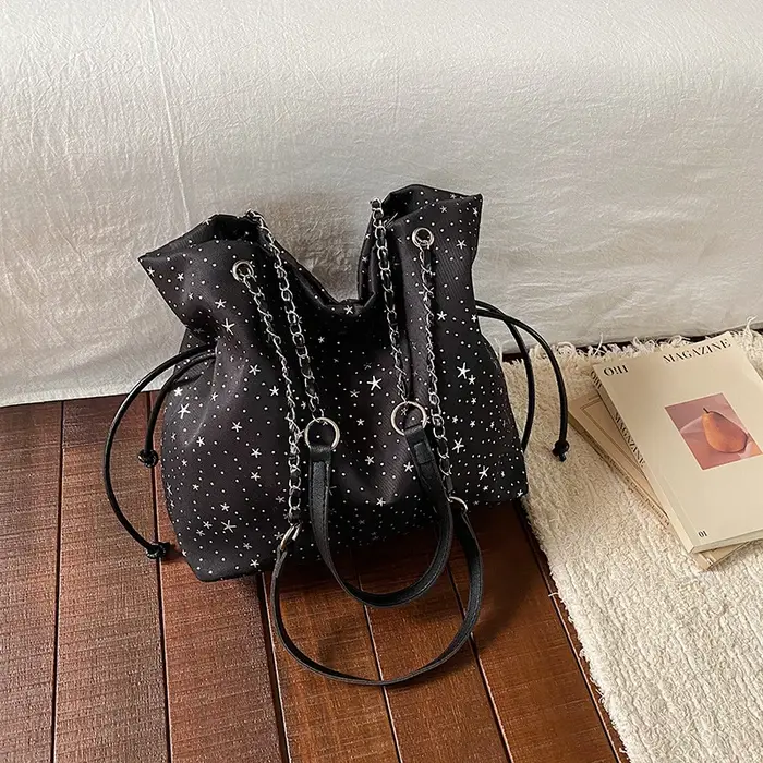 Sac seau à cordon imprimé étoiles pour femmes, sac à bandoulière souple décontracté, sac fourre-tout