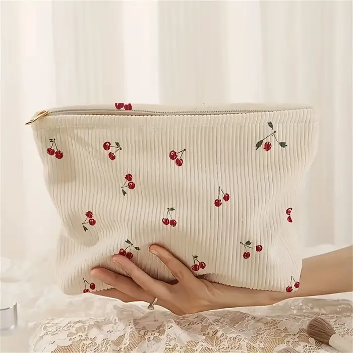 Pochette décontractée en velours côtelé imprimé cerise, sac de maquillage, sac à main multifonctionnel, organisateur de toilette, boîte de rangement de cosmétiques avec doublure
