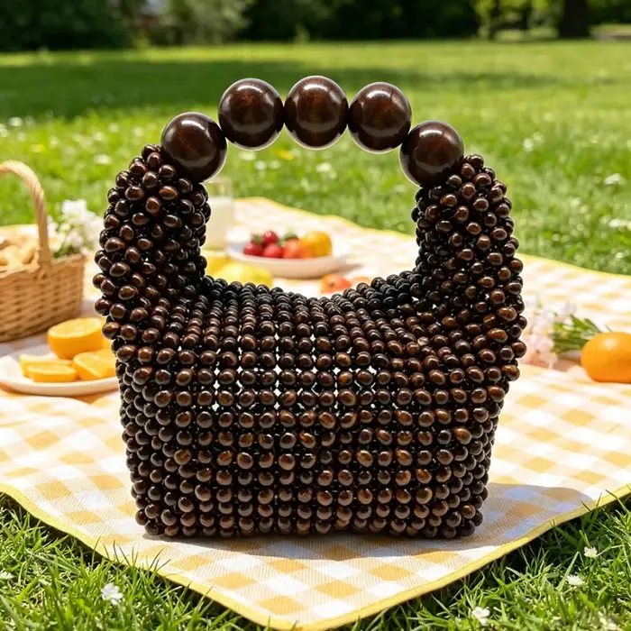 Sac bandoulière rétro français en bois tressé à la main avec perles