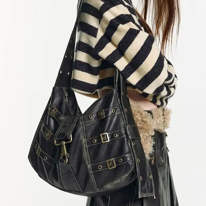 JIAERDI Vintage Rivet noir sac à main femmes Y2k Grunge cuir Chic grande capacité sac fourre-tout femme rétro décontracté sac à bandoulière Bolso