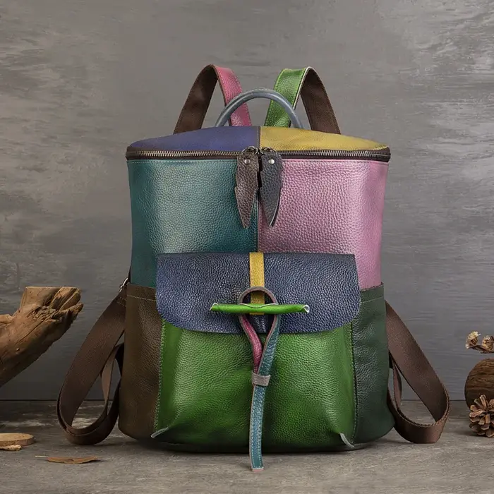 Sac à dos Patchwork en cuir véritable pour femme, sacs à bandoulière en cuir de vache véritable, fou