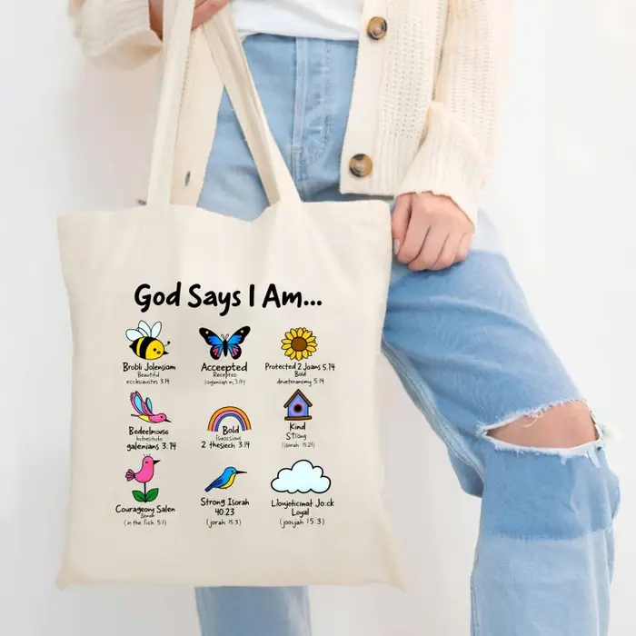 Sac fourre-tout en toile blanche avec versets bibliques inspirants et éléments naturels et texte colorés