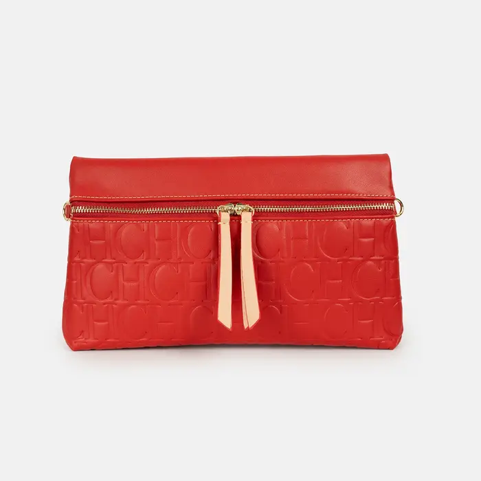 Sac bandoulière vintage CH en cuir PU rouge, avec lettres CH embossées, double fermeture éclair, pou