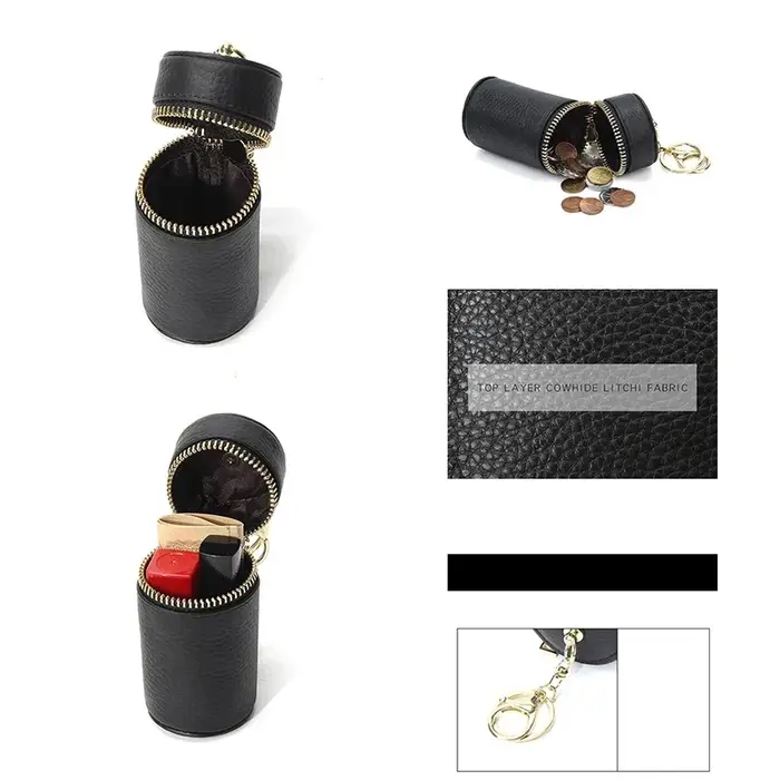 Mini sac de rouge à lèvres en cuir véritable avec porte-clés