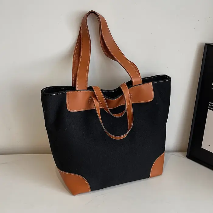 Sac fourre-tout en toile pour femmes, grande capacité, sac à bandoulière de couleur contrastée, sac