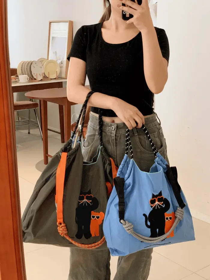 Sac de courses brodé de style japonais avec motif de chat à la mode