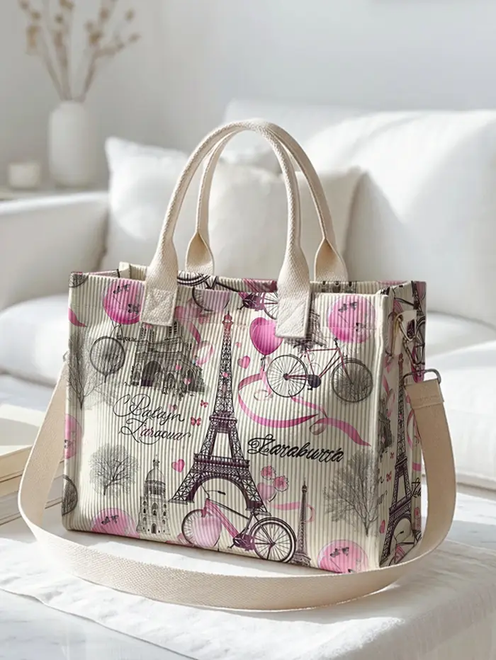 Sac fourre-tout en velours côtelé avec imprimé Tour Eiffel de Paris