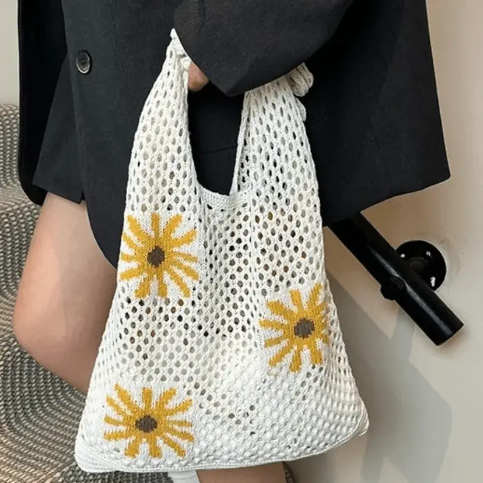 Sac fourre-tout tendance rétro en crochet à motif floral