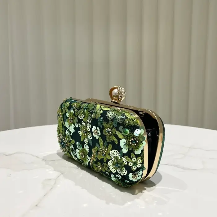 Pochette vert olive pour femme, élégante, brodée de paillettes et de perles, sac de soirée, sac de fête, sac à main vintage à paillettes