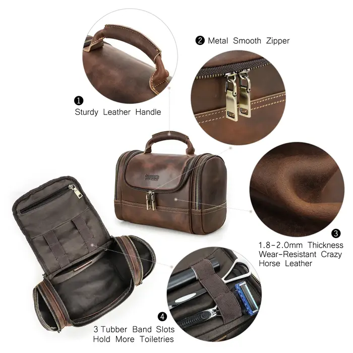 Hommes en cuir véritable voyage affaires toilette rasage sac femmes rétro cosmétique lavage douche organisateur sac à main grande capacité