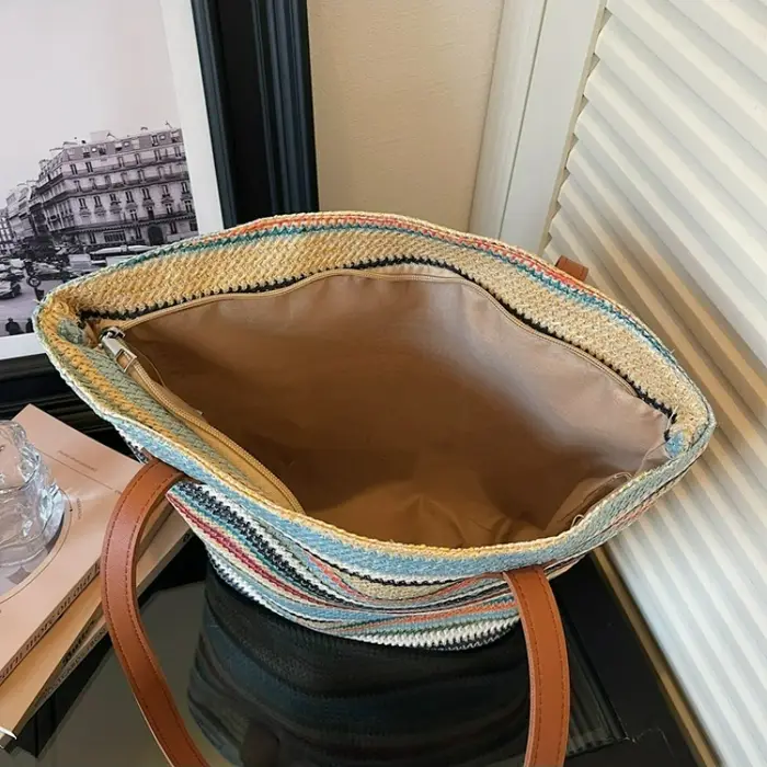 Nouveau sac fourre-tout en paille tressée arc-en-ciel grande capacité pour femme