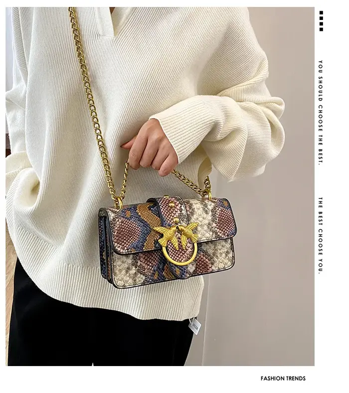Sac carré mini 2026 à motif python et hirondelle, style vintage bohème chic, sac à bandoulière polyv