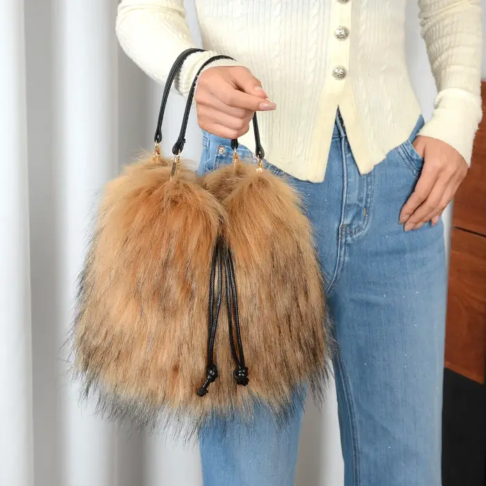 Sac à main tendance en fausse fourrure pour femme, collection automne-hiver, sac seau de luxe, sac f