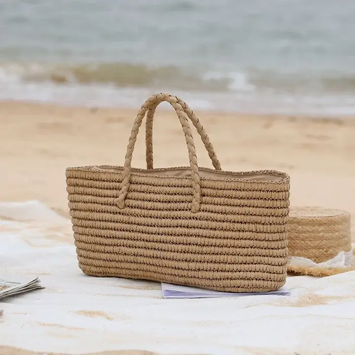 Sac de plage horizontal élégant avec cordon de serrage, grande capacité, sac à main en paille tressé