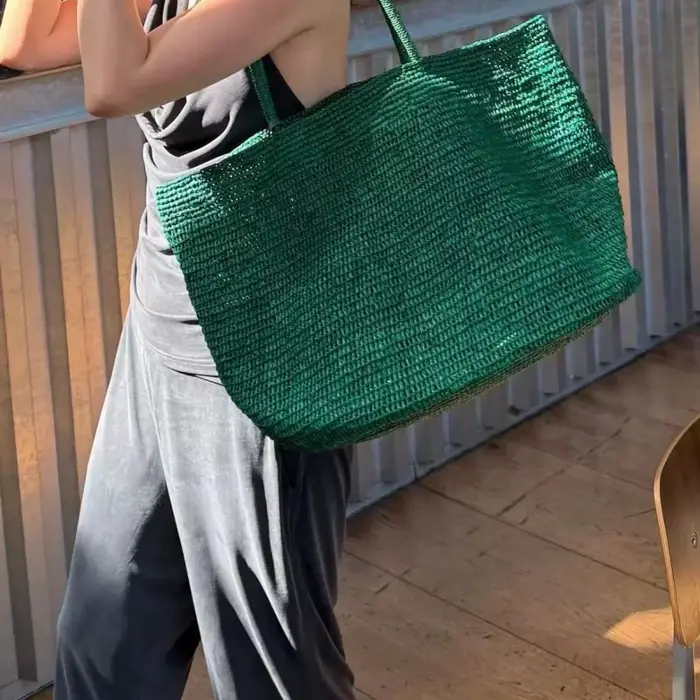 Sac fourre-tout en rotin vert mignon – Sac à bandoulière de plage en paille naturelle tressé à la main