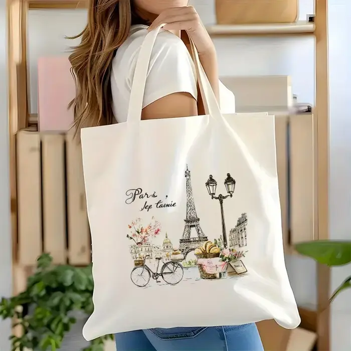 Sac fourre-tout en toile à imprimé paysage aquarelle de la Tour Eiffel de Paris et de vélos de rue