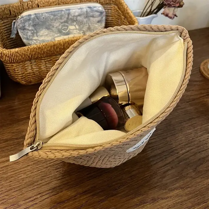 Trousse de maquillage en coton tissé à la main – Pochette cosmétique au crochet artistique avec fermeture éclair