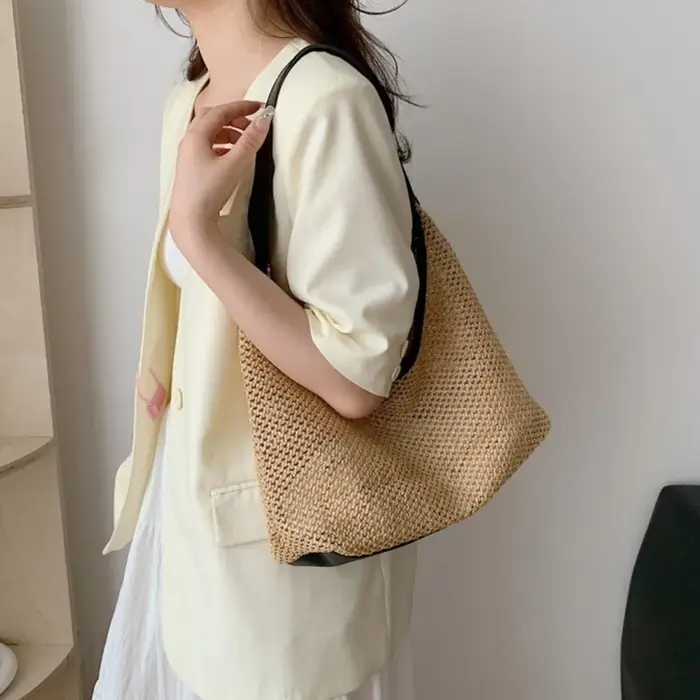 Sac en paille tressé uni mignon style bohème fait main