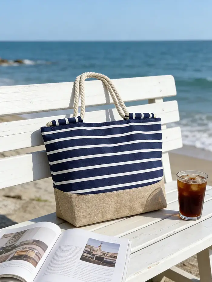 Sac fourre-tout pour femme à rayures bleues de style bohème vintage