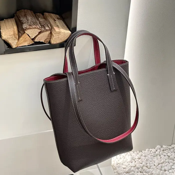 Sac Cuir Véritable Texture Lychee Main Tote Femme Peau Vache Couche Supérieure Doublure Contraste Couture Blanche Usage Quotidien Décontracté Élégant Moderne Minimaliste Mode Tendance 2025 Nouvelle Me