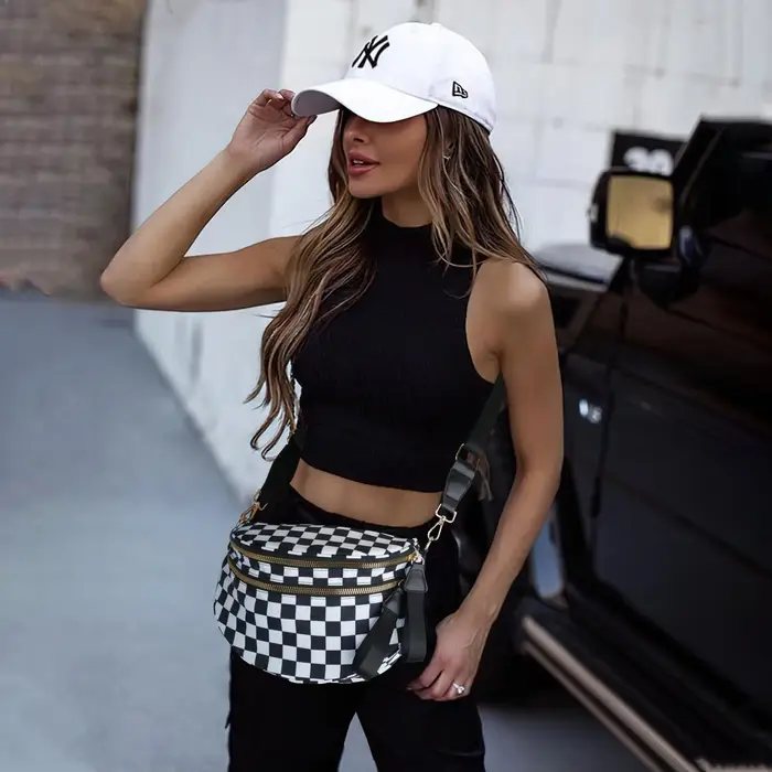 DOYOGI noir et blanc à carreaux spacieux Bum sac sacs à bandoulière pour femmes en Nylon essentiels de voyage sac de