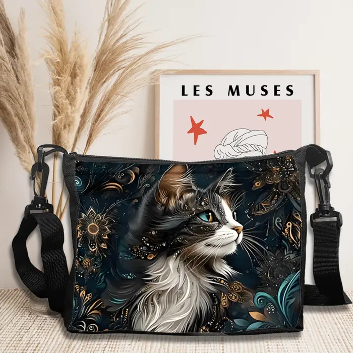 Sac à bandoulière Chic chat noir et motif Floral pour femmes, sacs à bandoulière légers et élégants,