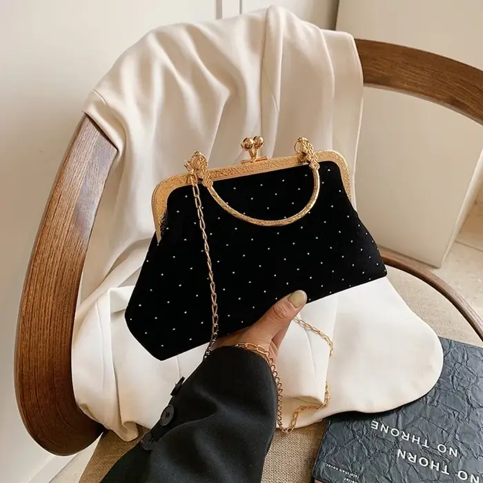 Pochette de soirée de luxe pour femme, motif pois, avec fermoir à clip, sac à bandoulière en forme d