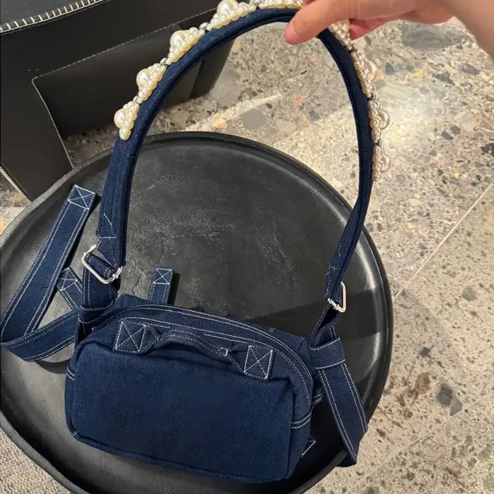 Perle Bow Sac à bandoulière Vintage Denim Sac Femme grande capacité Crossbady Bolsos Mujer japon coréen sacs