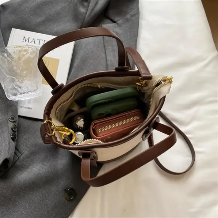 Sac seau vintage en toile et cuir pour femme