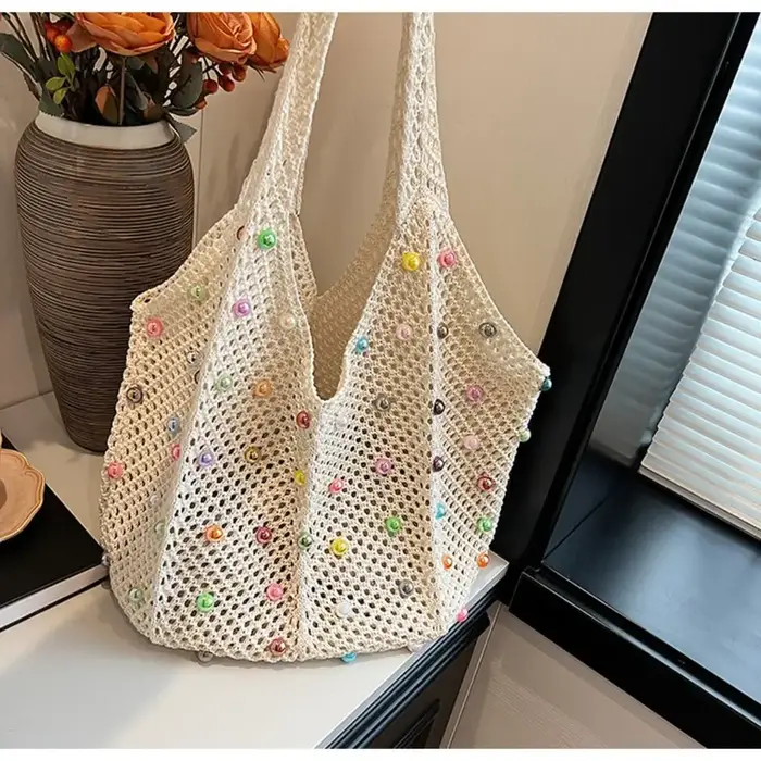 Sac fourre-tout de plage en crochet Boho, sac creux avec perles colorées, sac fourre-tout fait main,