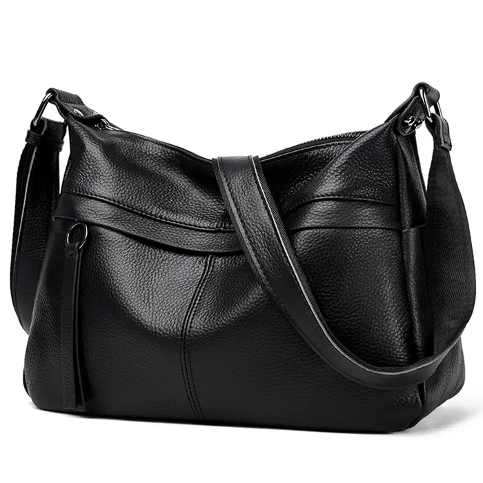 Sac à bandoulière noir en cuir véritable pour femmes