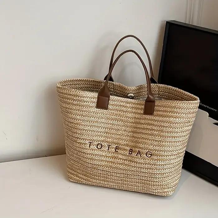 Sac fourre-tout en paille avec lettres brodées de grande capacité pour femmes, sac tissé à la main d