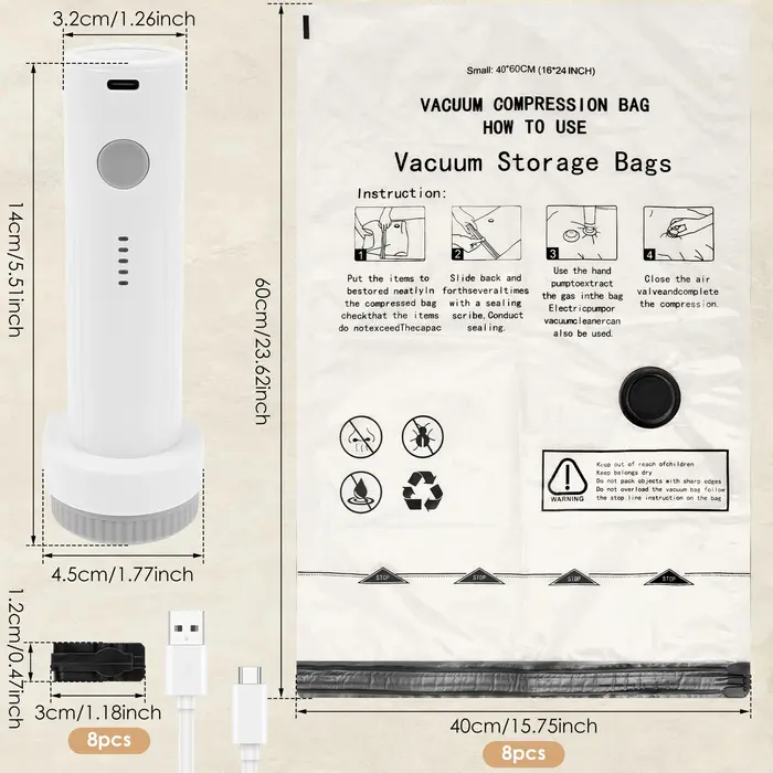 Sacs de rangement sous vide avec pompe électrique USB