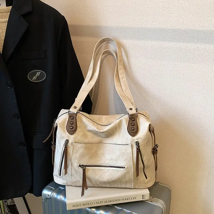 Sac fourre-tout à fermeture éclair en cuir PU de couleur unie