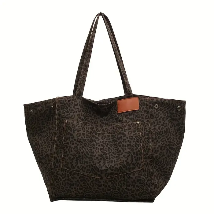 Sac fourre-tout élégant imprimé léopard pour femmes, sac à bandoulière léger avec accents marron, pa