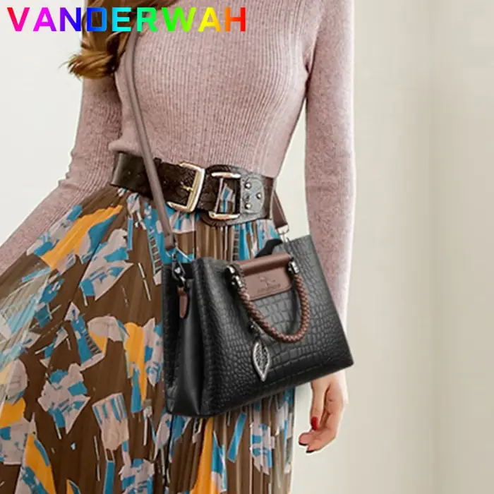 Sac à bandoulière en cuir de marque 3 couches Alligator pour femmes