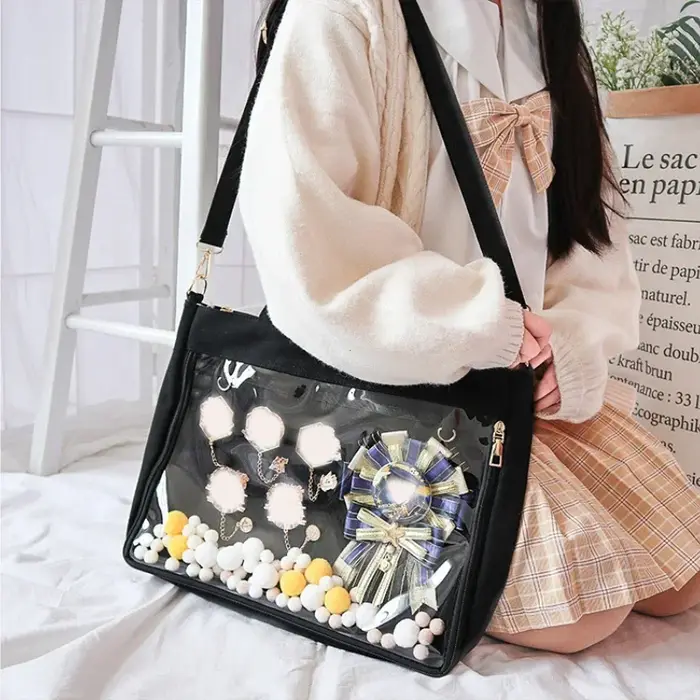 Sac à main japonais transparent pour femmes, grand sac Ita noir avec insert, sacs à main Kawaii pour filles, sacs à main à double sangles