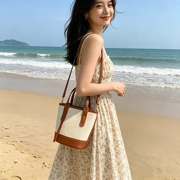 Sac seau vintage en toile et cuir pour femme