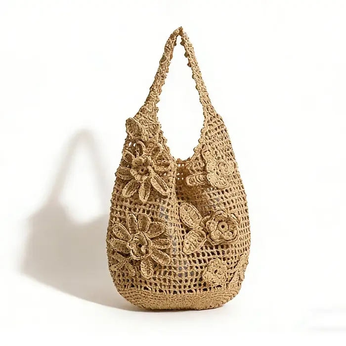Nouveau Sac de Plage Bohème à Fleurs pour Femme, Sac à Bandoulière en Paille Crochetée Rose, Sac Fou