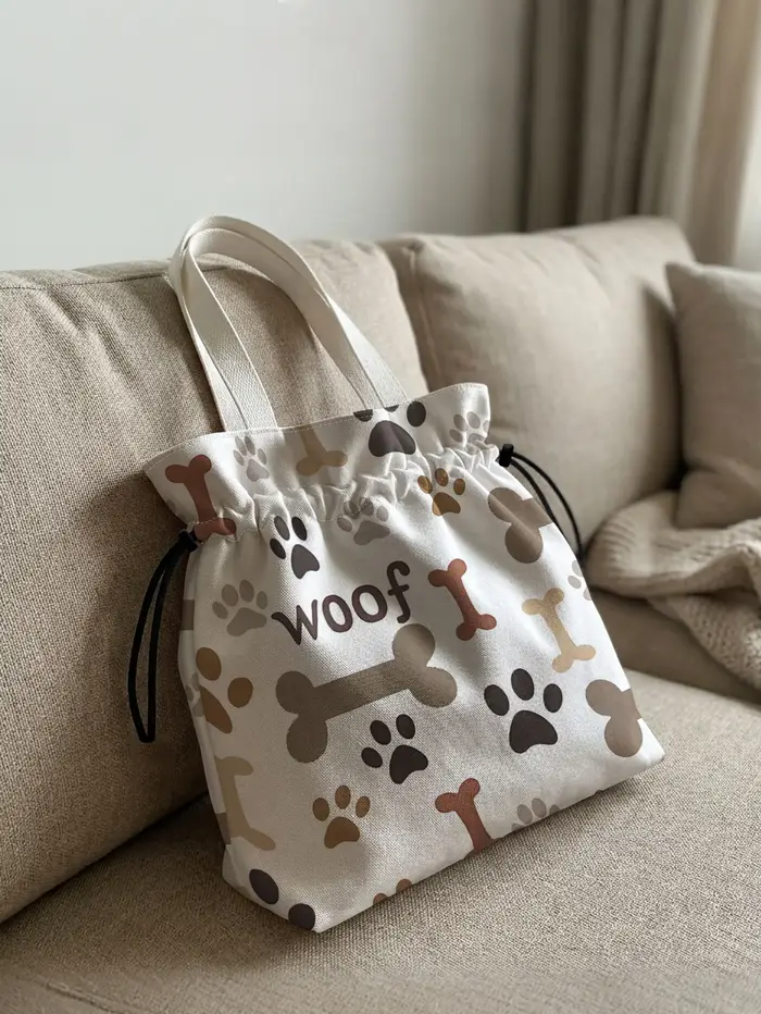 Sac fourre-tout léger en polyester avec cordon de serrage, imprimé lettres « Woof » et motif patte d
