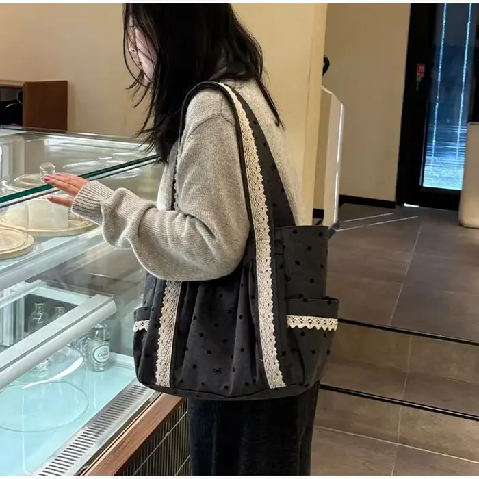 Sac fourre-tout en dentelle à pois grande capacité pour femme