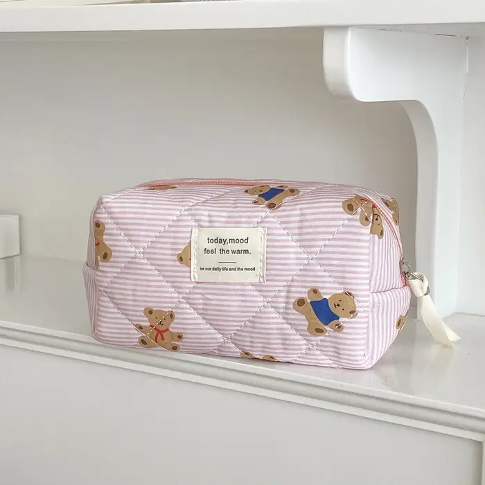Sac à cosmétiques motif ours rose Beige pour femmes, joli organisateur de voyage de maquillage à fer