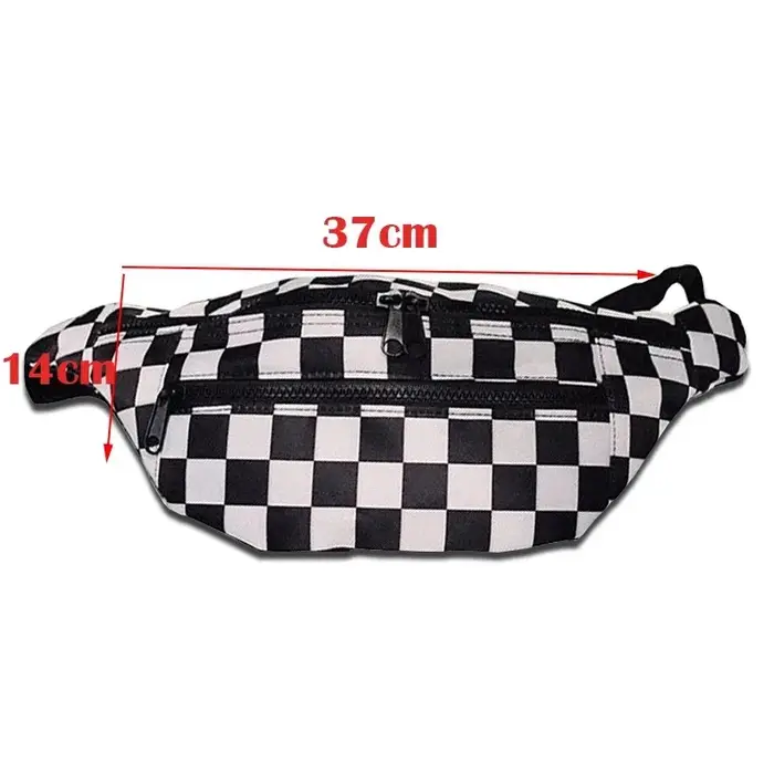 Nouveau sac de taille à la mode à carreaux noir et blanc avec doubles fermetures éclair et sac à bandoulière en toile