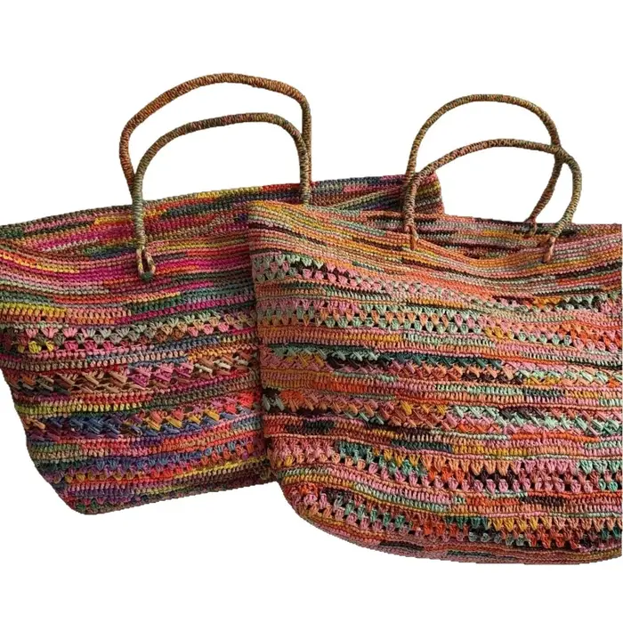 Sac seau coloré en raphia crocheté à la main pour femme